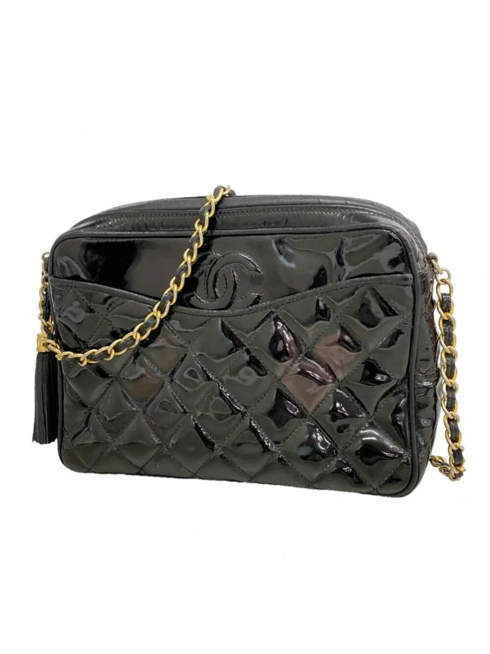 Chanel Shoulder Bag Quilted Patent Leather Black Gold